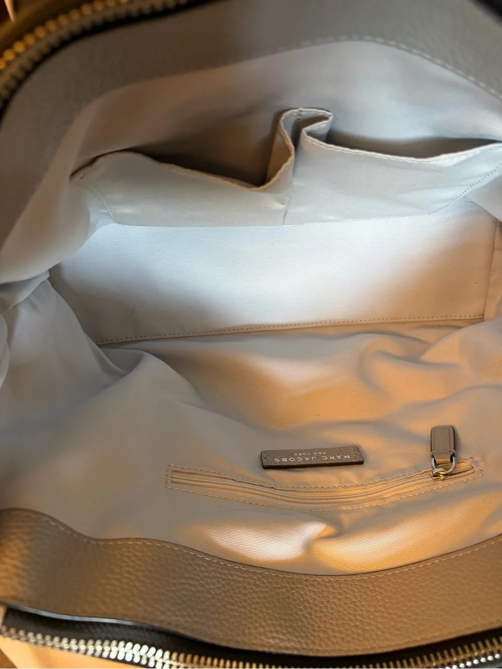 Marc Jacobs Light Gray Pebbled Leather Satchel with Striped Strap